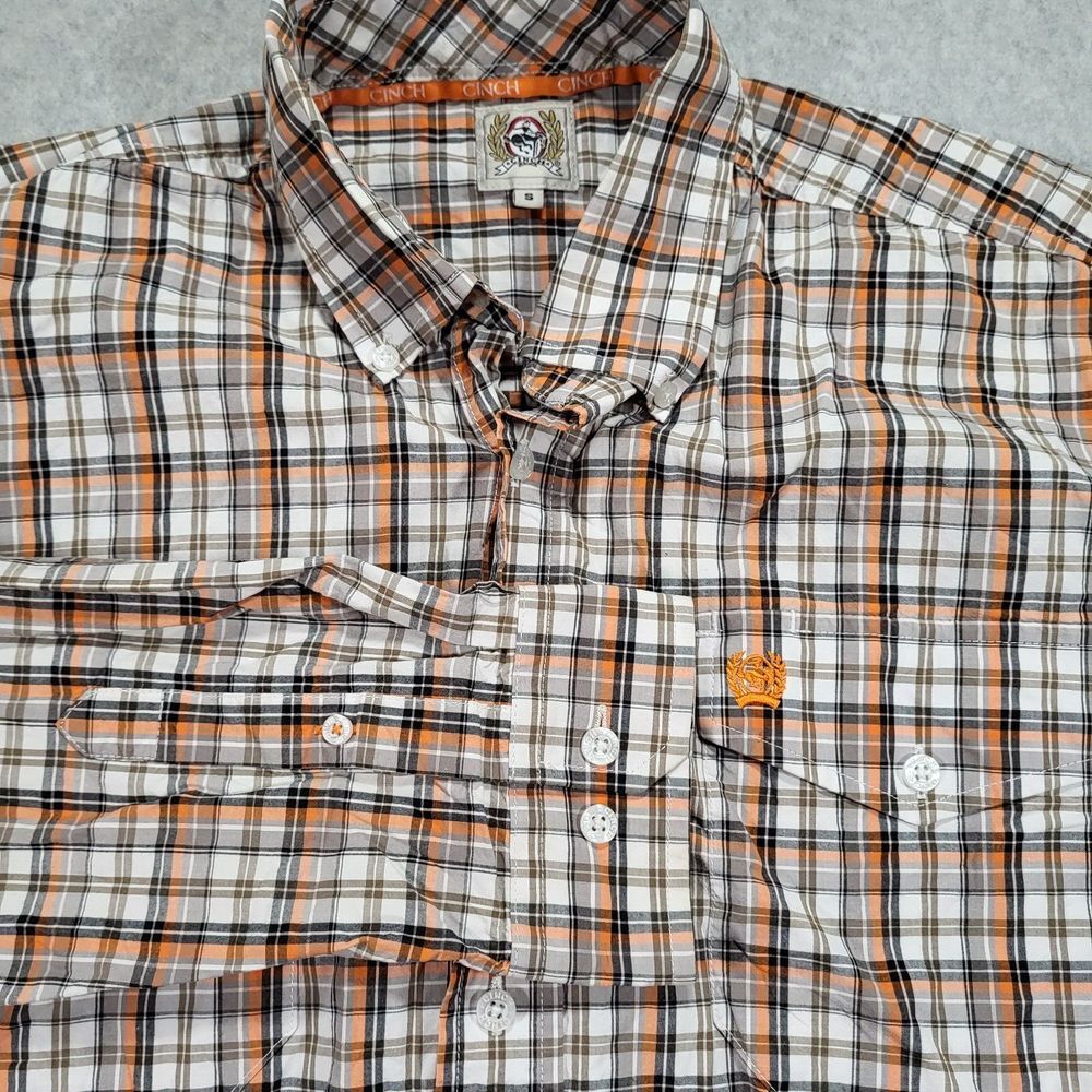 Cinch Mens Small Orange Plaid Long Sleeve Button Shirt Embroidered Logo Pocket‎